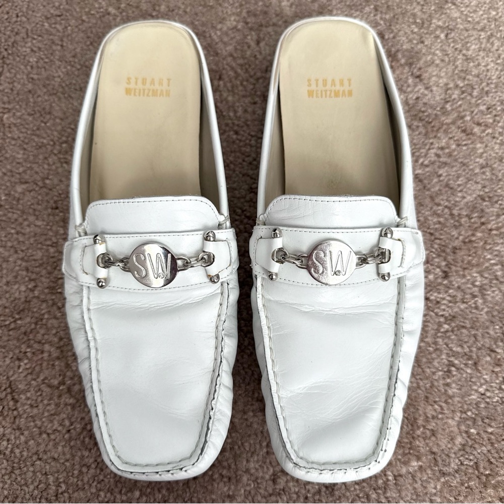 Stuart Weitzman White Leather Mule Flat Loafers with Buckle